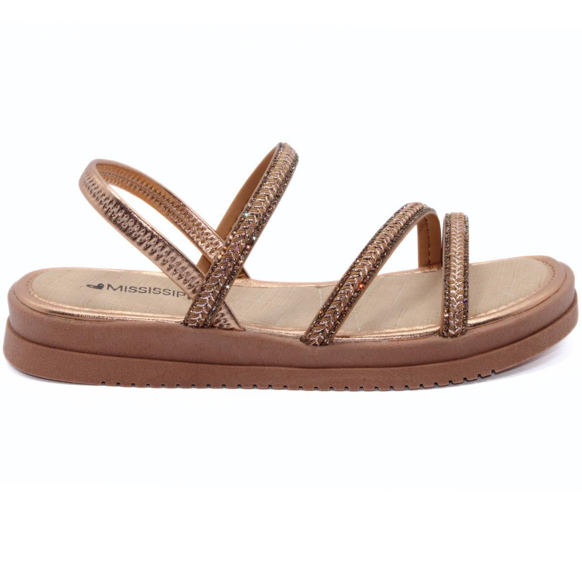 Sandália casual feminina Mississipi rose com enfeite natural e três tiras entrelaçadas
