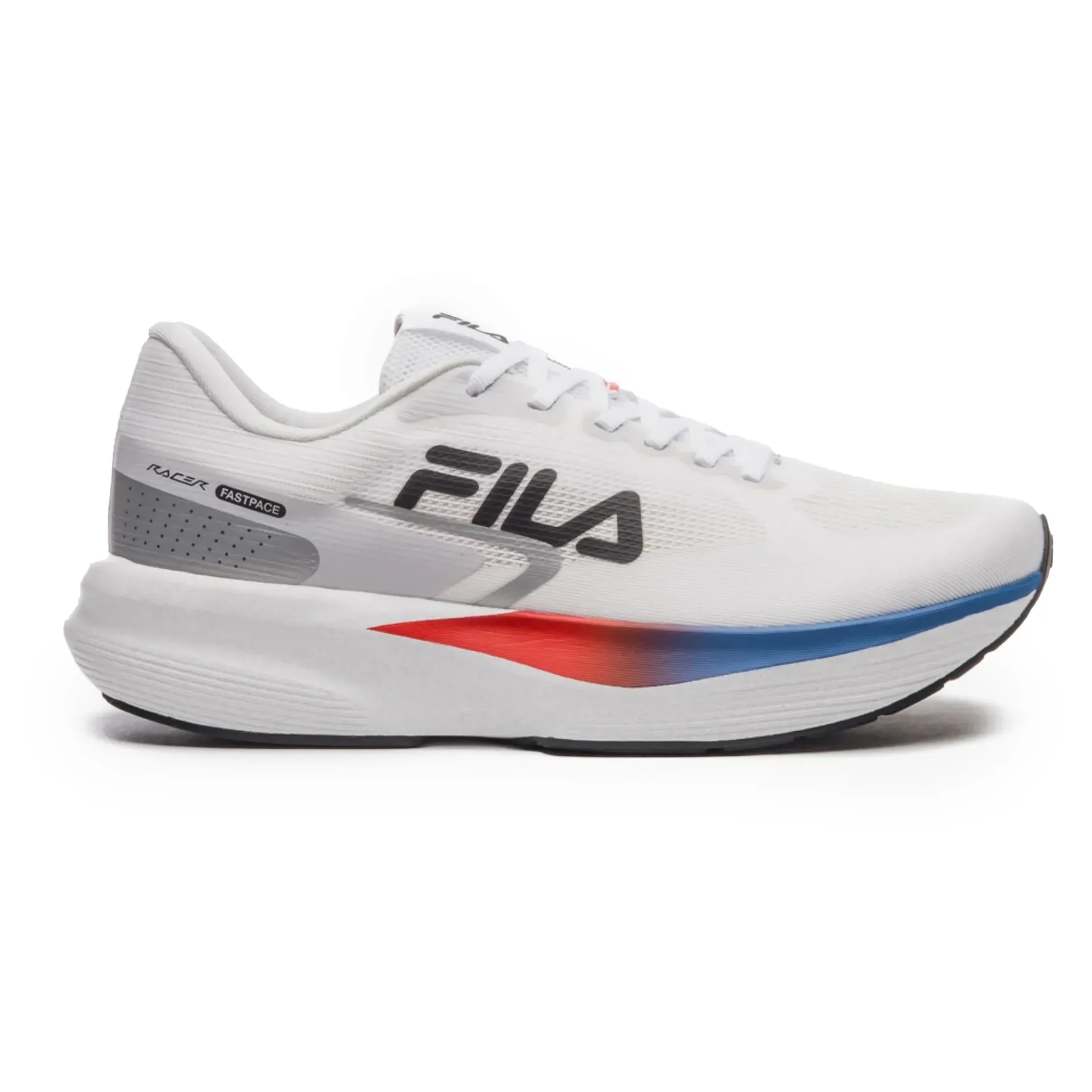Tênis Fila Racer Fastpace Feminino Branco em ângulo frontal exibindo detalhes em cinza, vermelho e azul com logotipo visível
