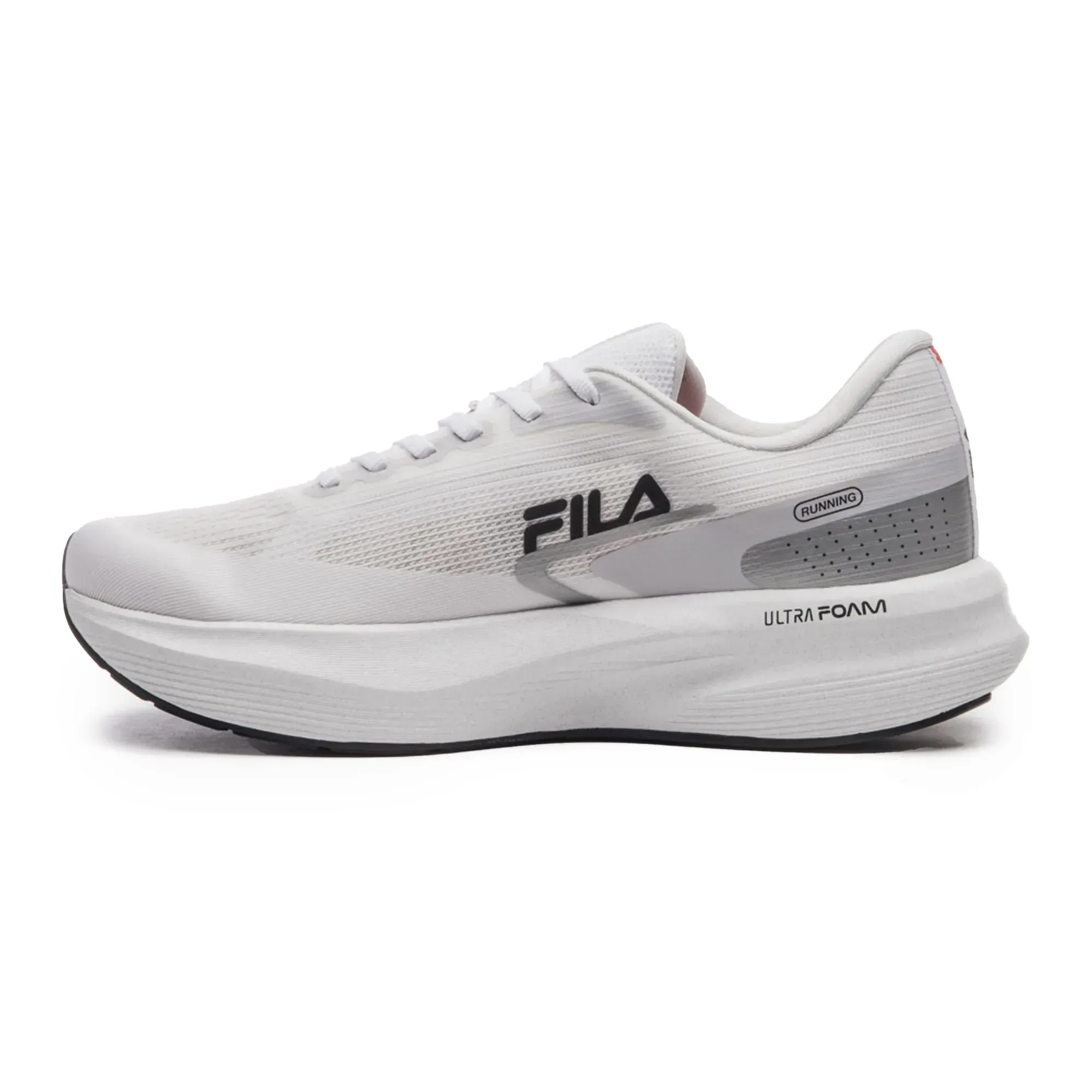 Tênis Fila Racer Fastpace Feminino Branco em ângulo lateral mostrando detalhes e logotipo