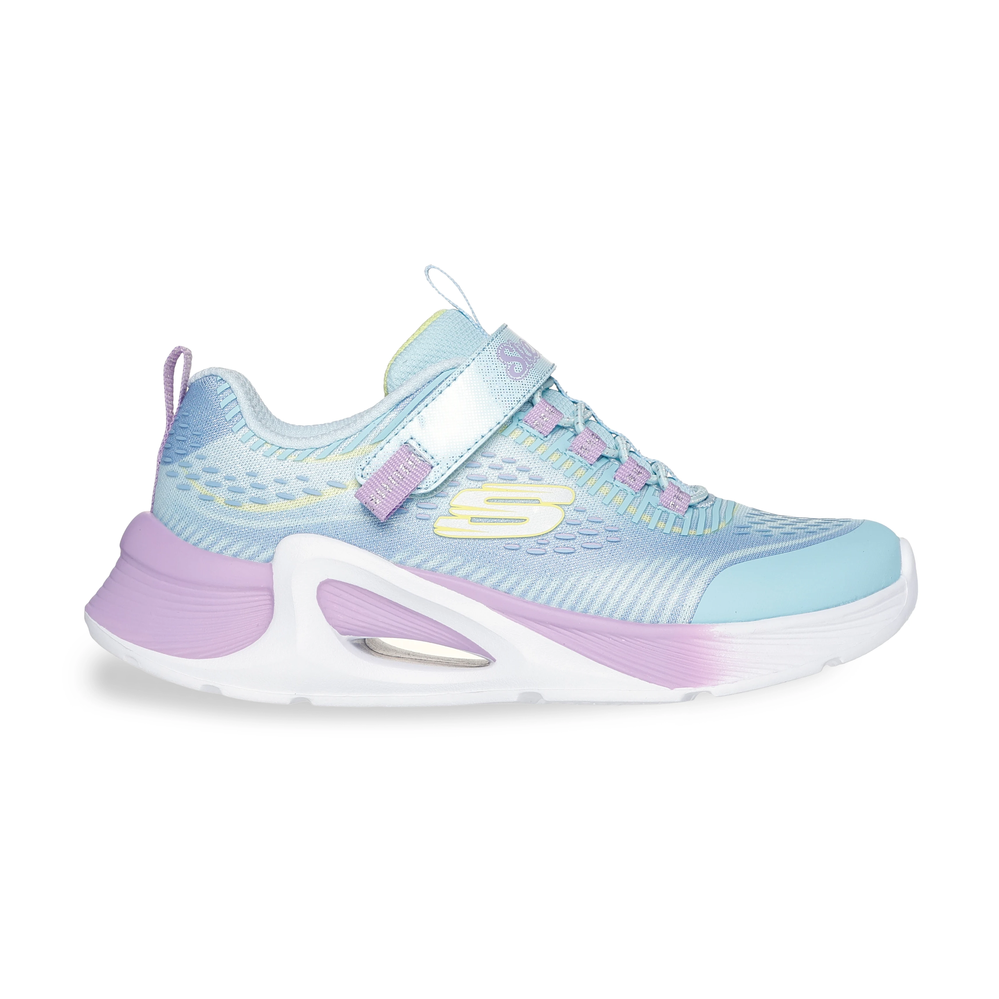 Tênis infantil feminino Skechers Tide Tech verde com detalhes multicoloridos, design esportivo e moderno