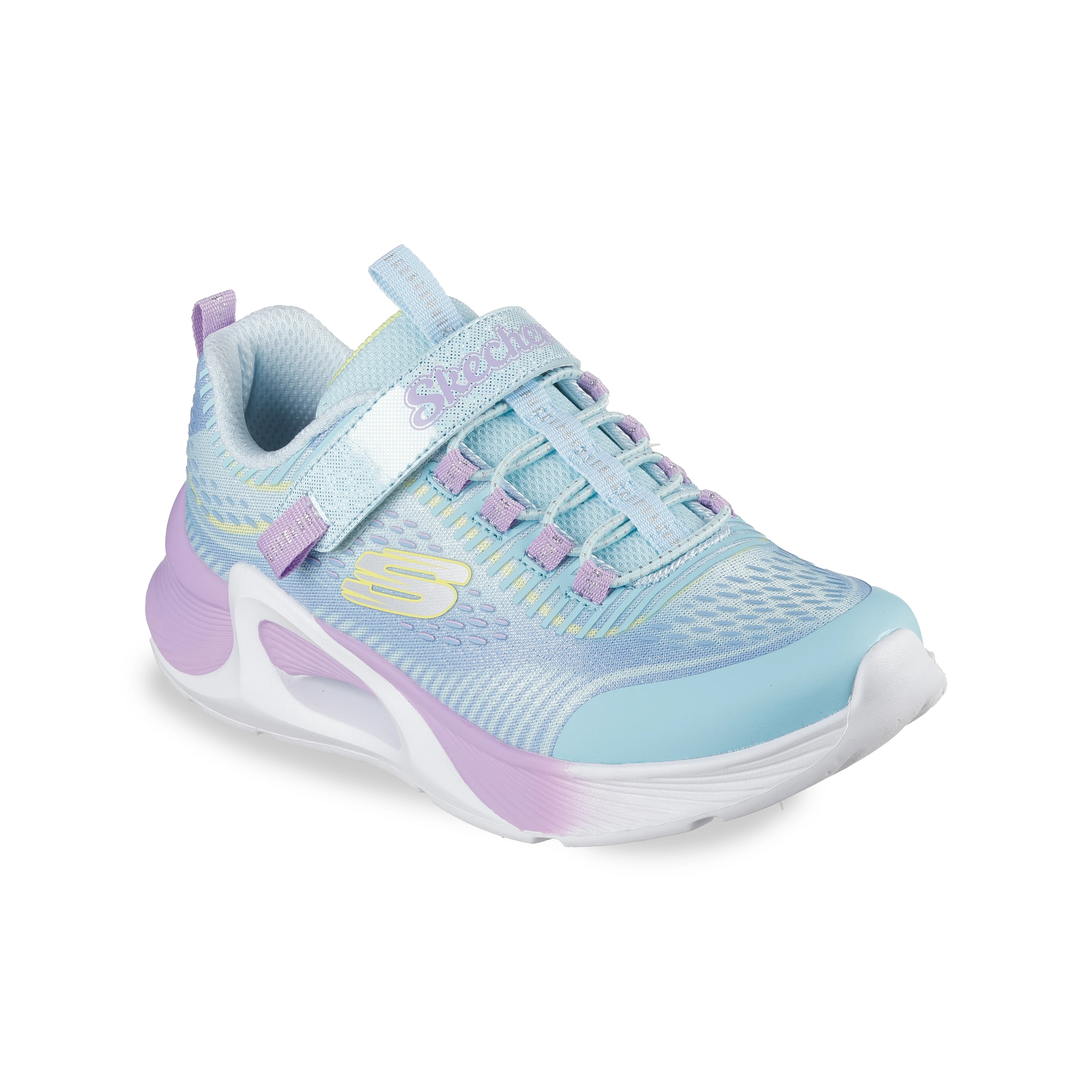 Tênis Skechers Tide Tech infantil verde vista superior mostrando detalhes do cadarço elástico e tira ajustável