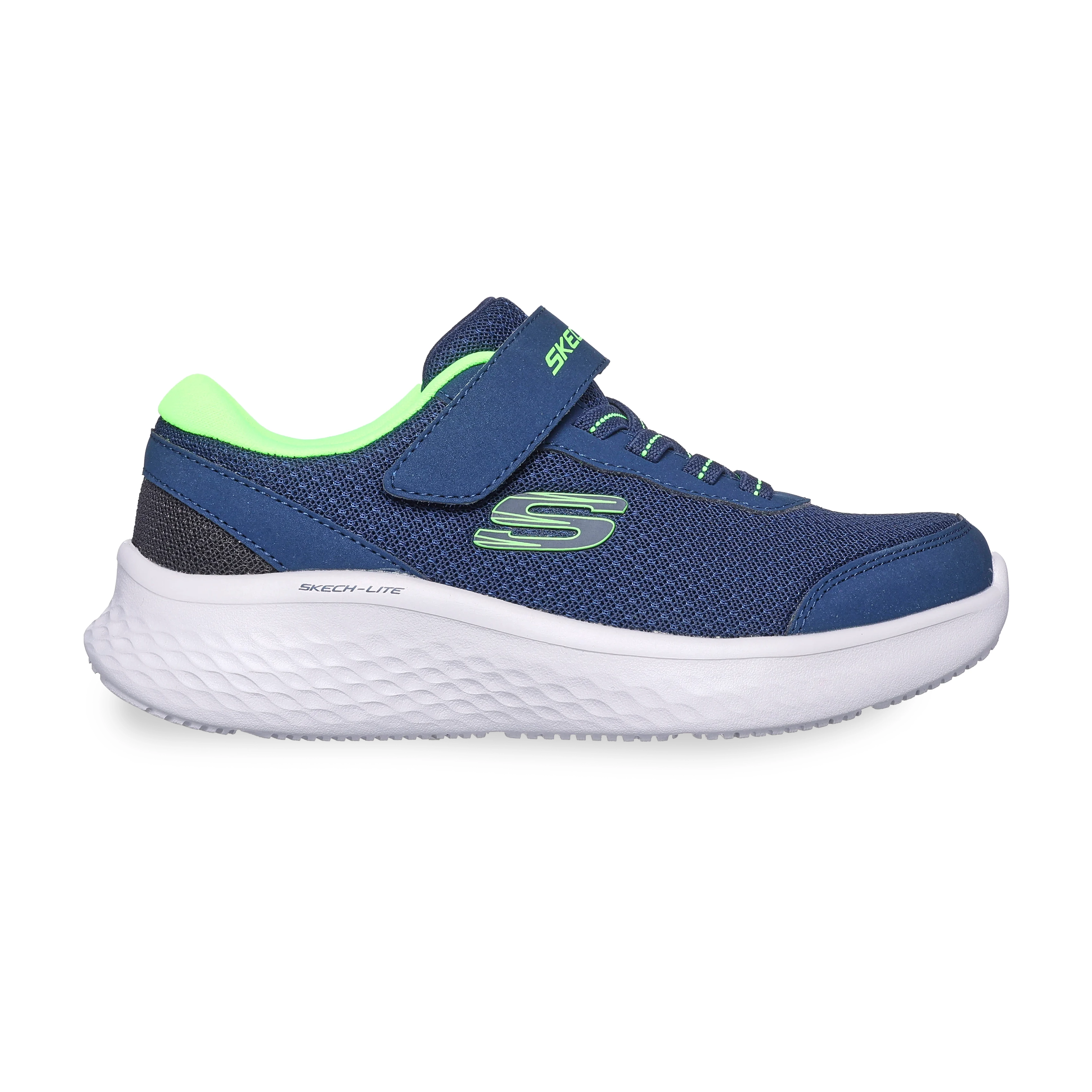 Tênis casual infantil masculino Skechers modelo Skech-Lite Pro na cor marinho com detalhes em limão, em material mesh e sintético com fechamento por cadarço.