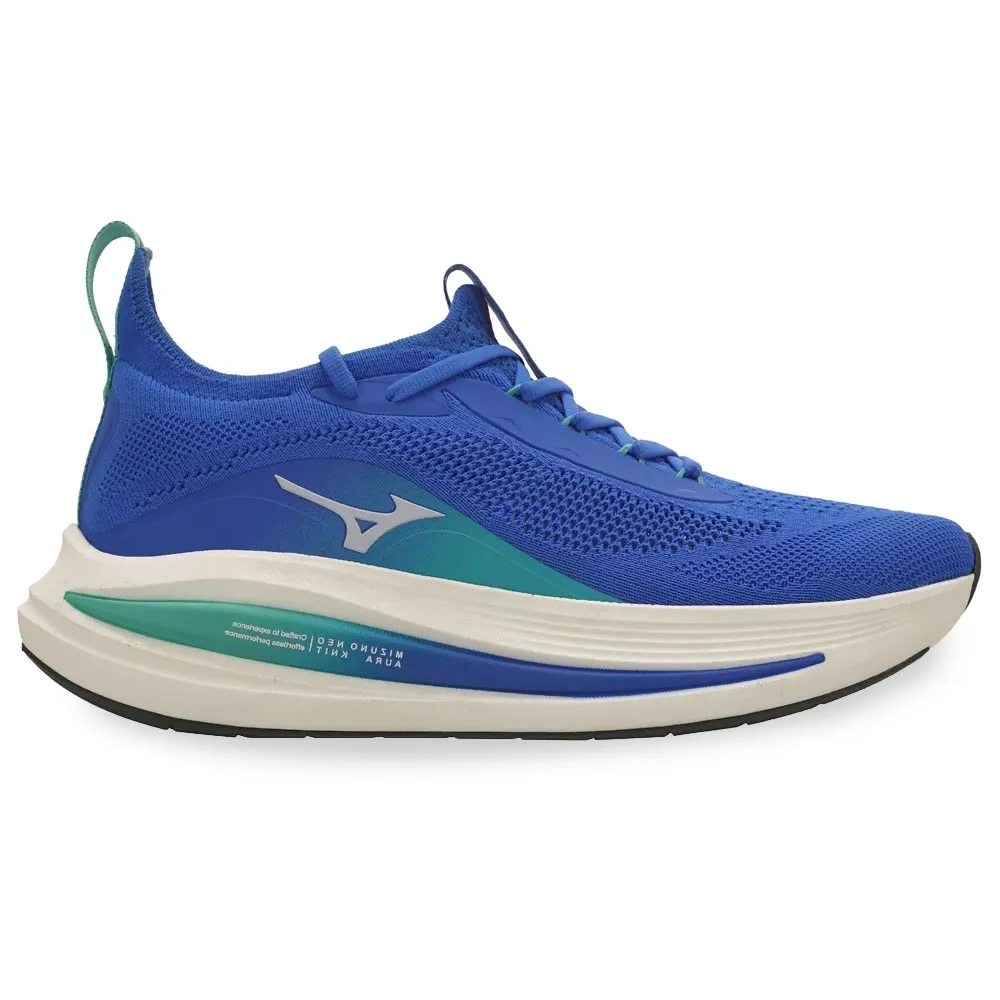Tênis Mizuno Neo Aura Knit Masculino Azul com design moderno, cabedal knit respirável e sola grossa