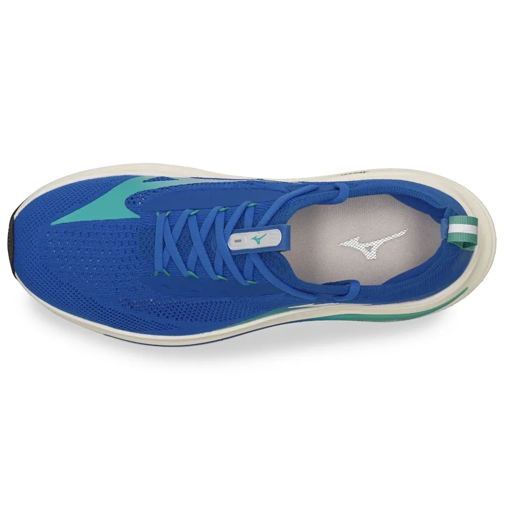Vista lateral do Tênis Mizuno Neo Aura Knit Masculino Azul mostrando detalhes do cabedal e cadarço
